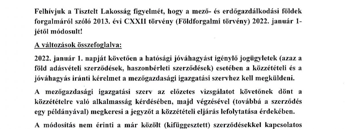 Tájékoztatás - külterületi mezőgazdasági termőföld adásvételével, haszonbérletével kapcsolatban