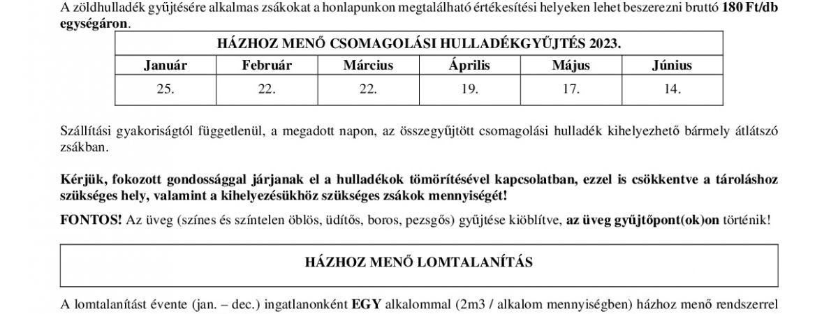 2023. I. félévi hulladék szállítási rend