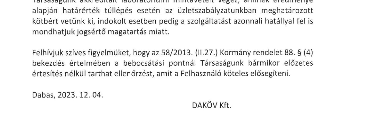 Tájékoztatás közcsatornába bocsátható szennyvizek szennyezőanyag tartalmának küszöbértékei ellenőzéséről