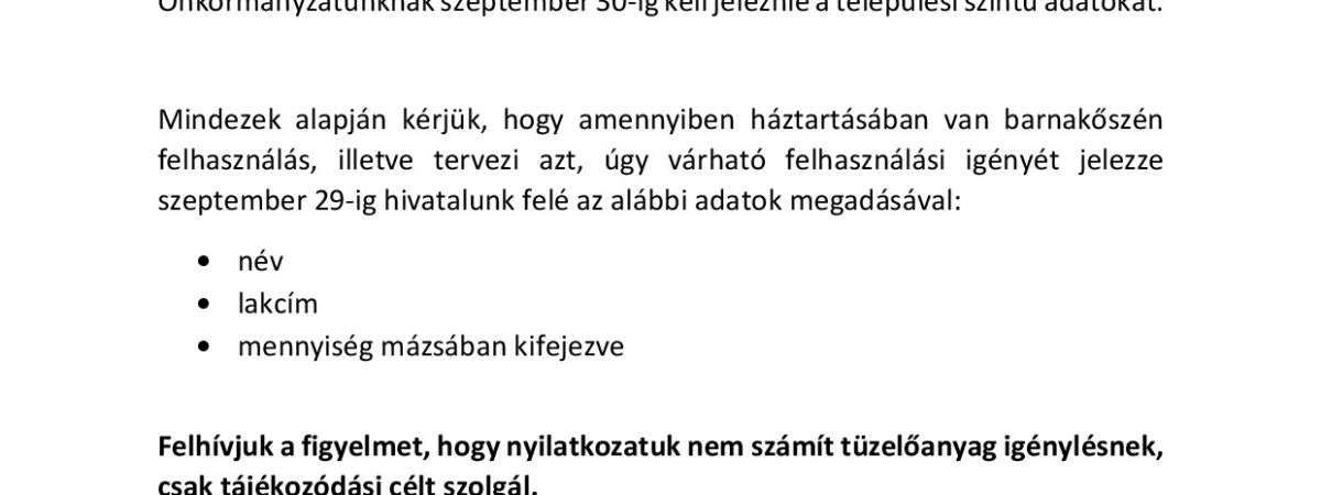 Barnakőszén igényfelmérés - felhívás